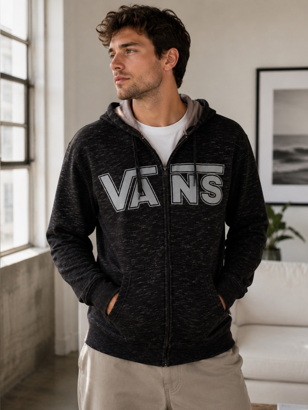 Vans Logo Zip Up Hoodie Black Gray S